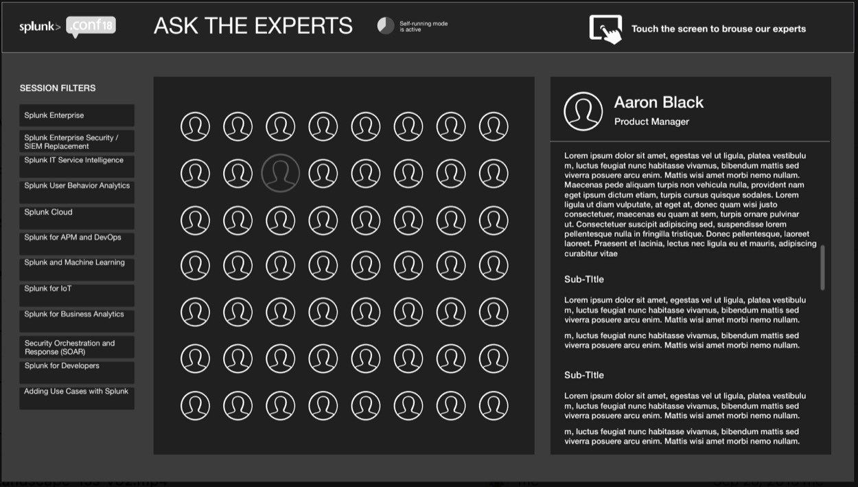 Design comp for the Splunk .conf18 Ask the Experts touchscreen: session filters, a grid of speakers, and a profile panel.