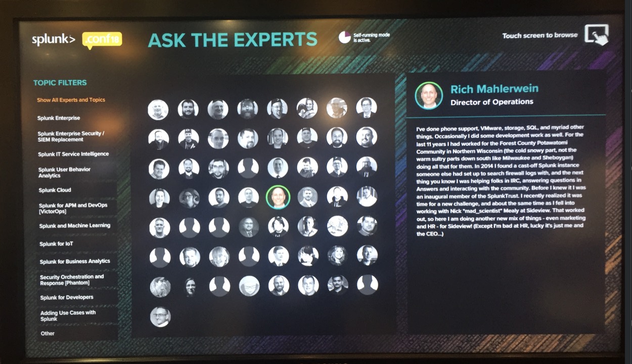 The same Ask the Experts screen running live onsite at .conf18, populated with real speaker photos and bios.