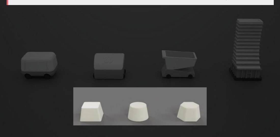The four 3D-printed hero objects — bus, waste bin, shopping trolley, and building — with sensor objects below