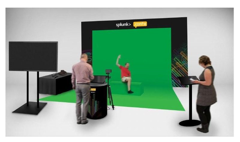 Concept render of the green-screen set — screen, bench, camera and attendant station