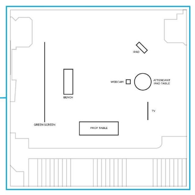 Floor plan of the activation showing bench, webcam, prop table and attendant station