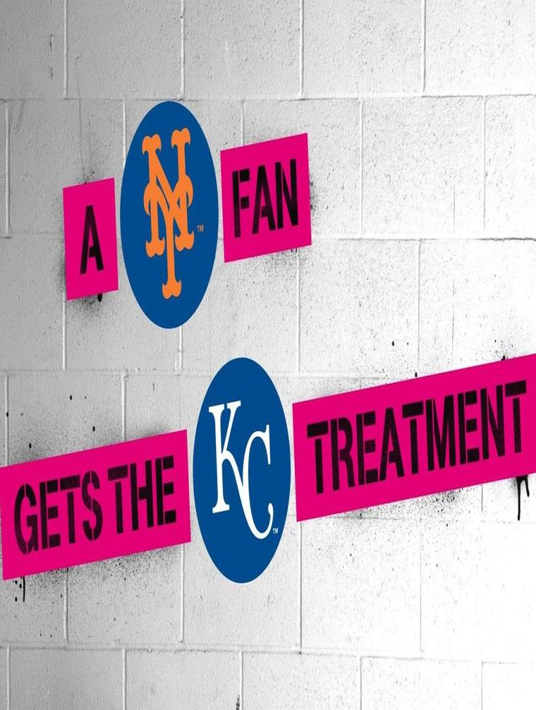 Spray-painted World Series rivalry graphic reading 'A Mets fan gets the KC treatment' on a cinderblock wall