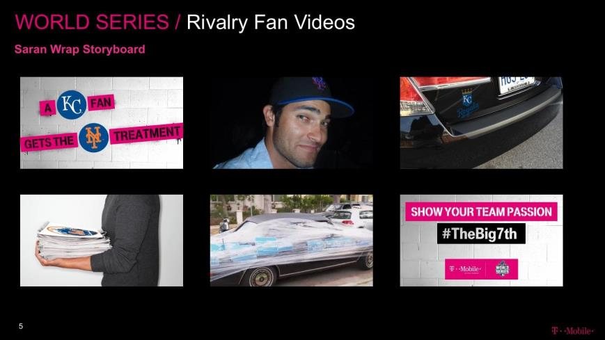 Saran Wrap spot storyboard — a Royals fan's car wrapped in Mets logos, under the #TheBig7th banner